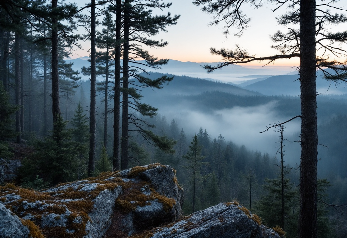 Early morning fog moving through an Appalachian mountain forest at sunrise — the place Komorebi is being built